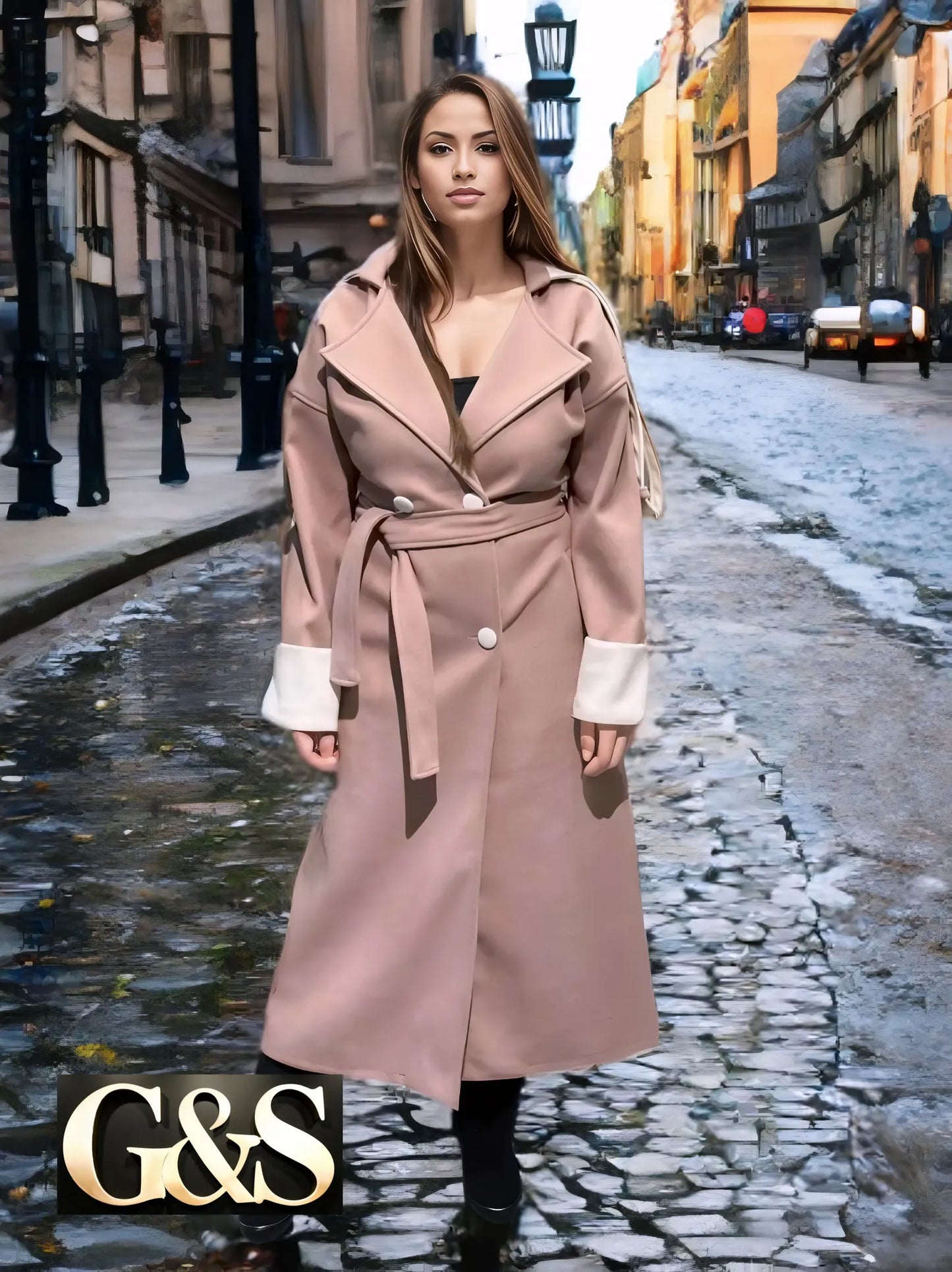 Model 1035 Women Long Coat Made of Polyester 100% - Front | Sami's Jackets