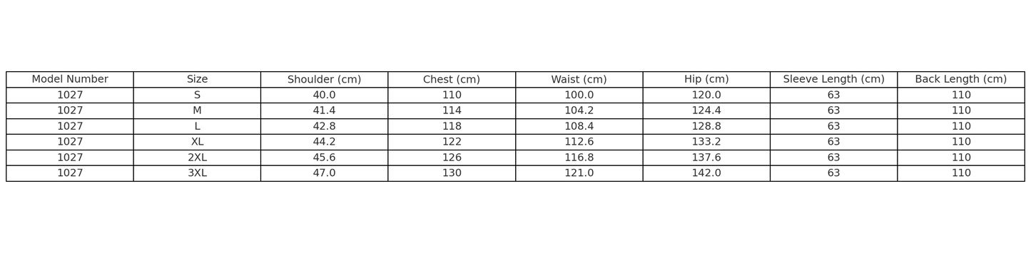 Size chart for Model 1027 women's jacket, detailing measurements for various sizes from XS to 3XL.