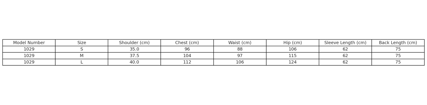 Size chart for Model 1029 jacket, including measurements for S, M, and L sizes in cm.