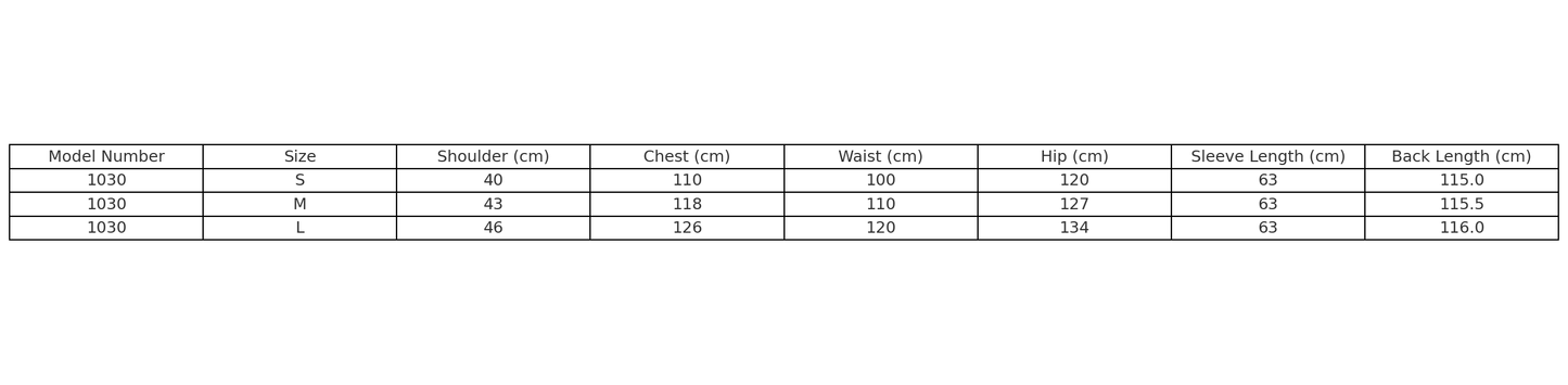 Size chart for Model 1030 winter coat showing measurements for S, M, and L sizes.