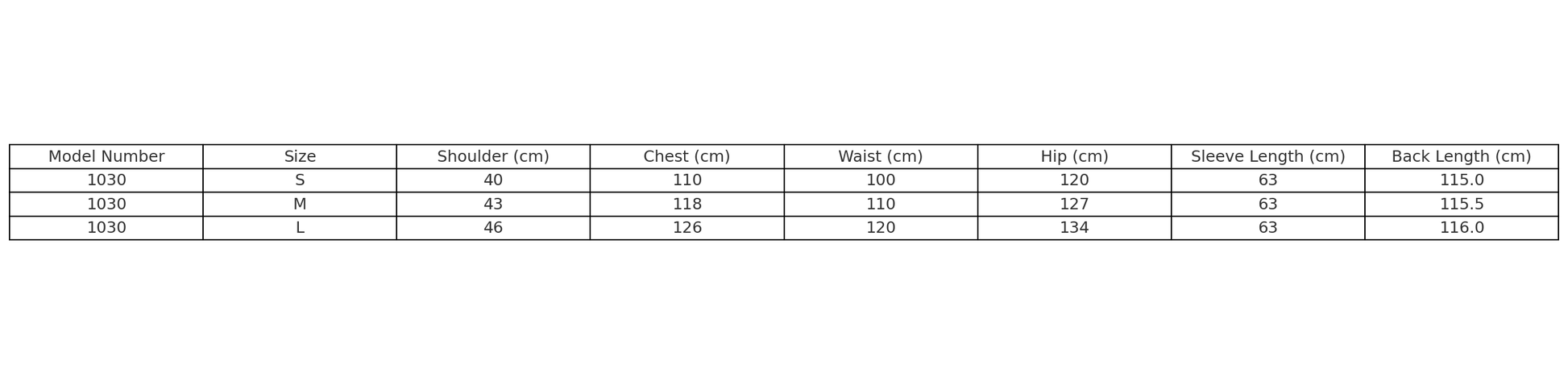 Size chart for Model 1030 winter coat showing measurements for S, M, and L sizes.