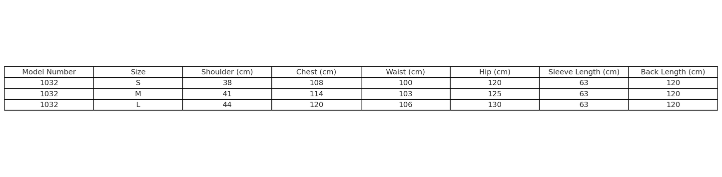 Size chart for Model 1032 winter coat, detailing measurements for small, medium, and large sizes.