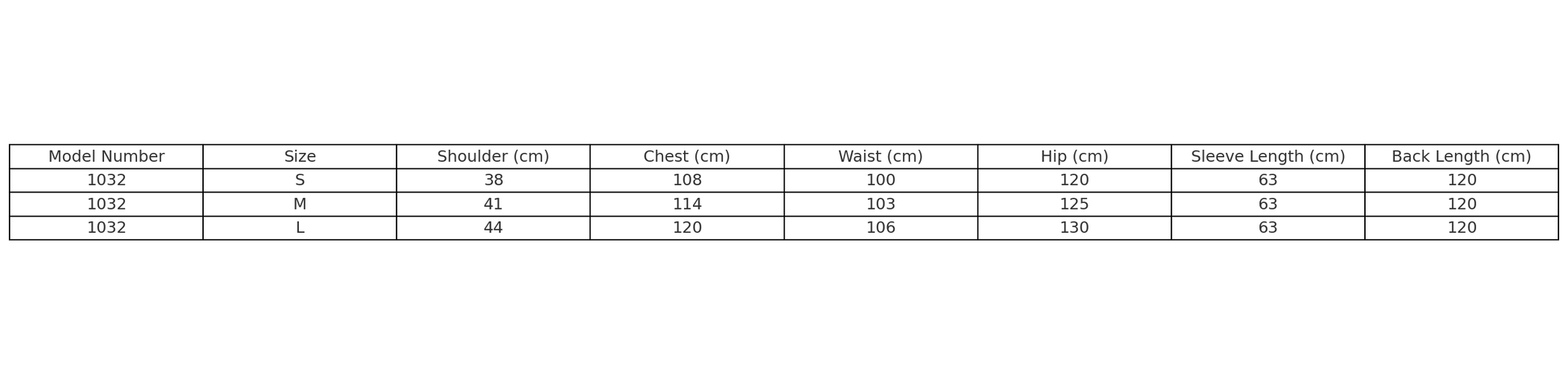 Size chart for Model 1032 winter coat, detailing measurements for small, medium, and large sizes.