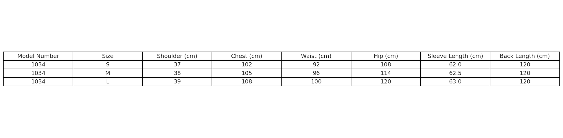 Size chart for Model 1034 winter coat, including measurements for different sizes in centimeters.