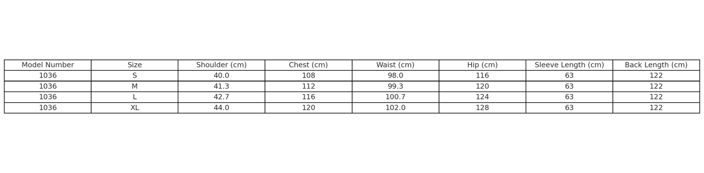 Size chart for Model 1036 winter coat, including measurements for various sizes S, M, L, and XL in cm.