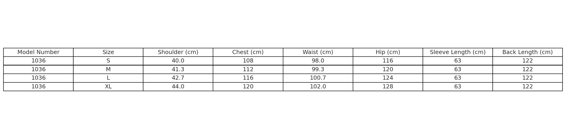 Size chart for Model 1036 winter coat, including measurements for various sizes S, M, L, and XL in cm.