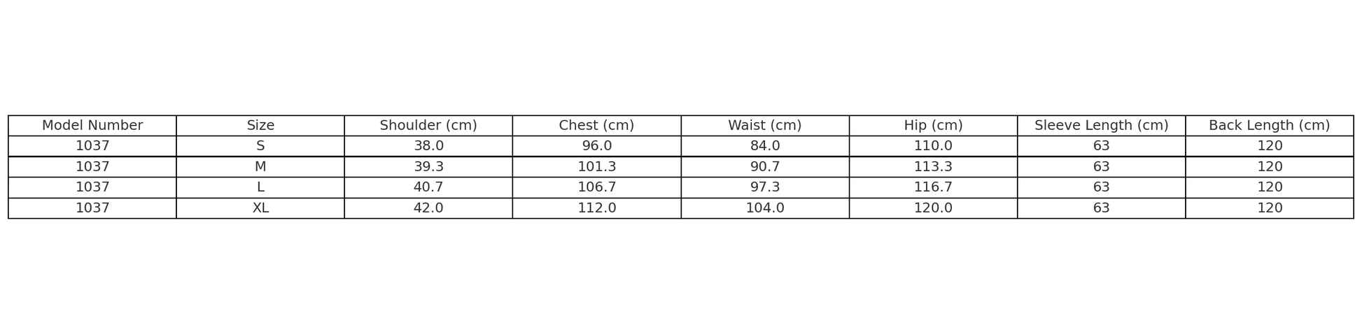 Size chart for Model 1037 coat including measurements for S, M, L, and XL.