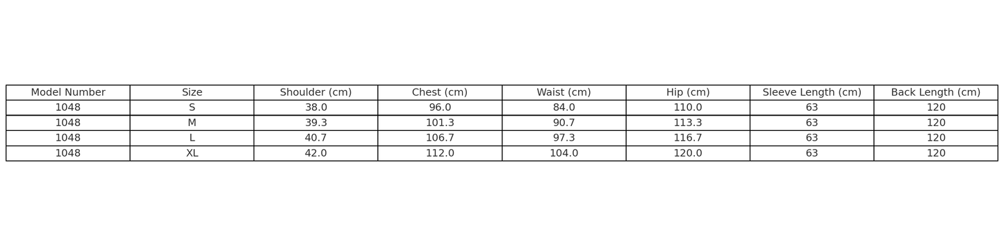 Size chart for Model 1048 winter coat including measurements for shoulders, chest, waist, hip, sleeve, and back length.