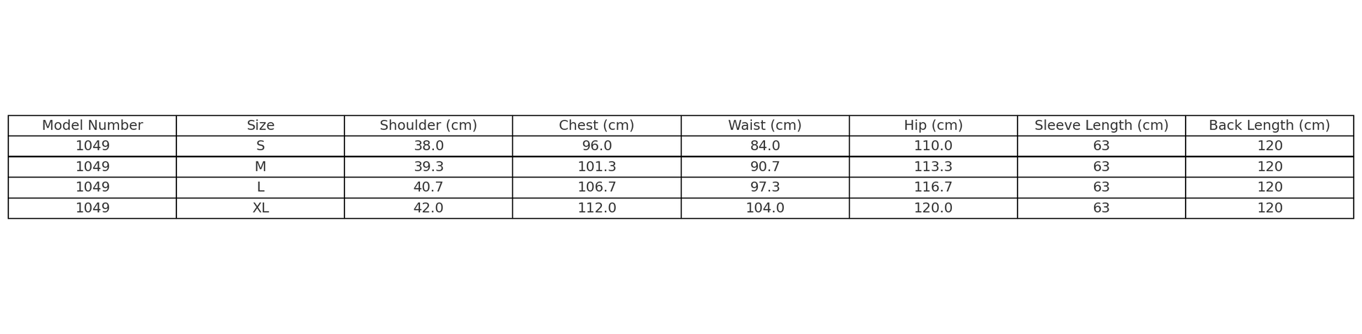 Size chart for Model 1049 coat, displaying measurements for S, M, L, and XL sizes.