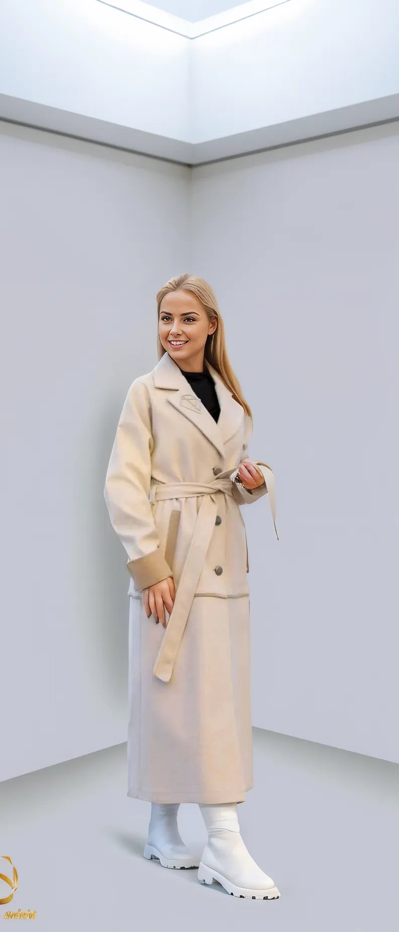 Model 1038 women's long winter coat, stylish beige design with belt, perfect for cold weather and elegant occasions.