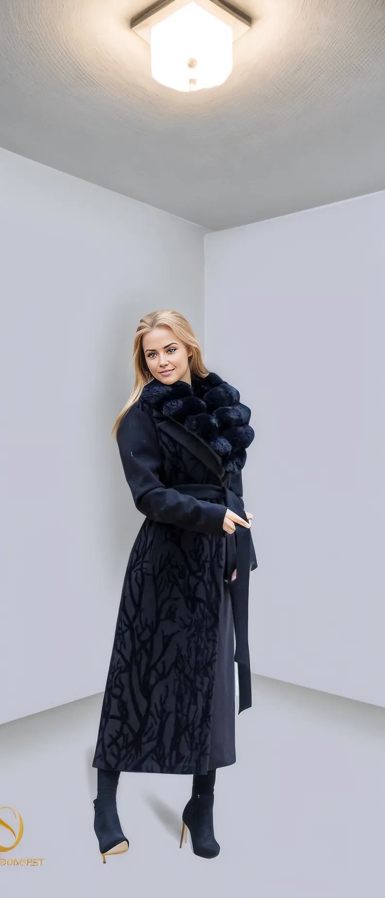 Elegant woman wearing a stylish long winter coat with a fur collar, displaying a sophisticated winter look.