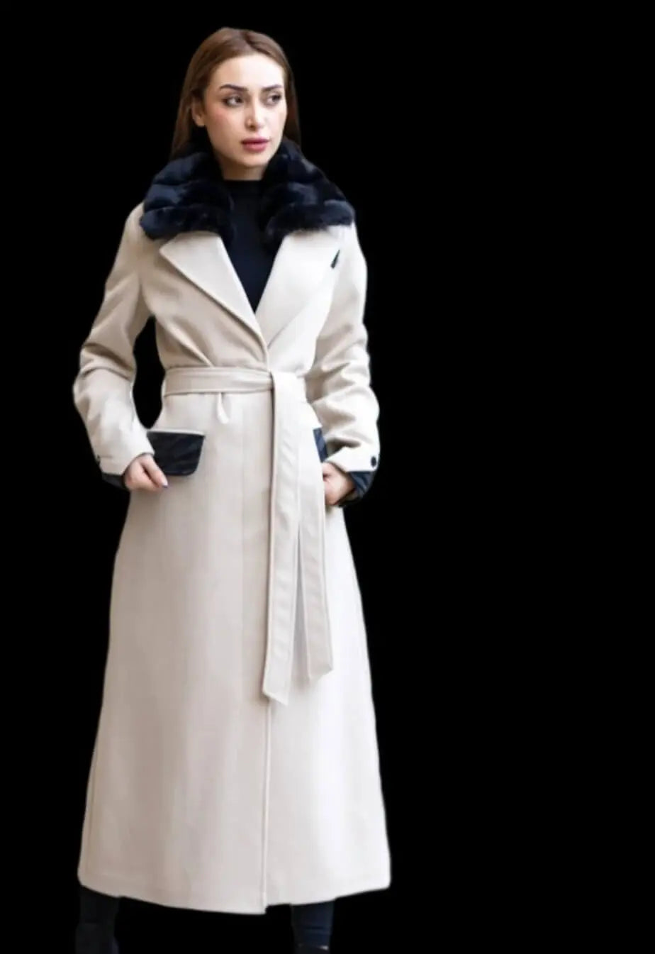 Stylish women's long winter coat with fur collar, perfect for both formal and casual occasions.