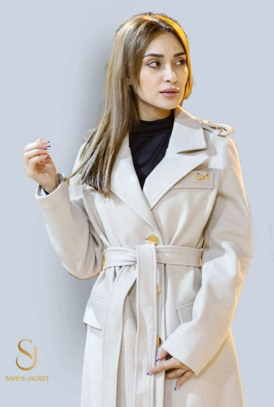 Elegant women's winter coat with belt, perfect for stylish winter outfits. Ideal for cold weather and special occasions.