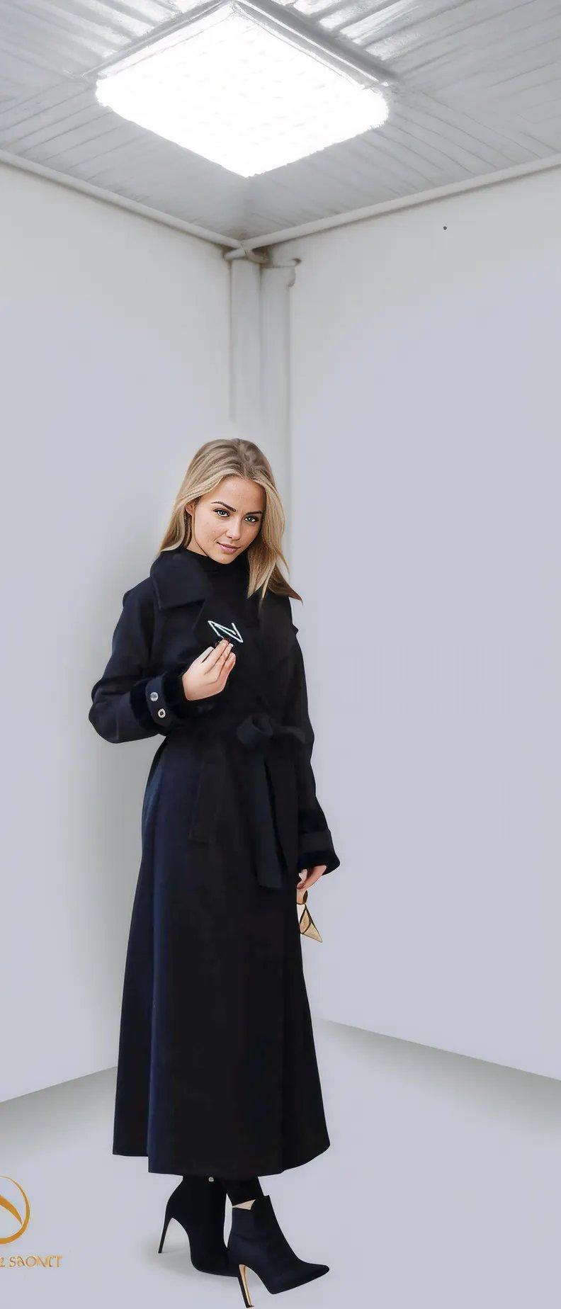 Woman in elegant long black coat, showcasing style and warmth for winter fashion. Perfect for versatile women's outerwear.