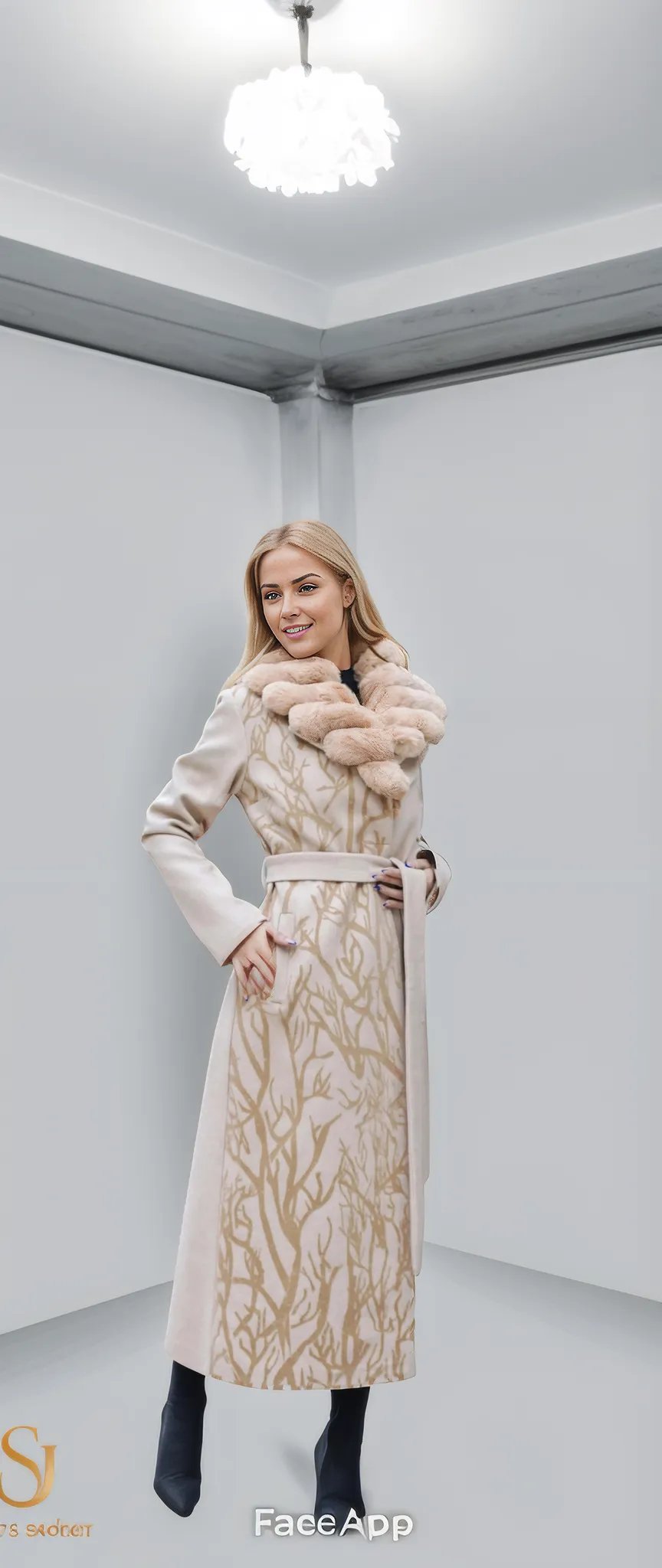 Elegant Model 1046 winter coat featuring a sophisticated design with a stylish floral pattern and plush collar, perfect for women.