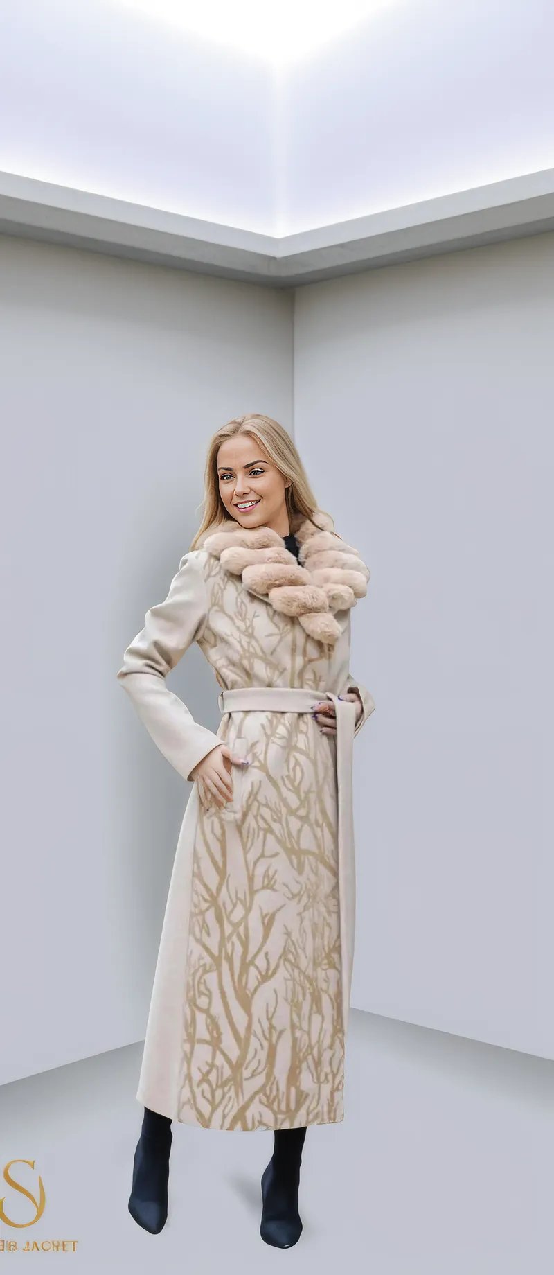 Elegant winter coat with fur collar, showcasing stylish design and warm materials, perfect for women's winter fashion.