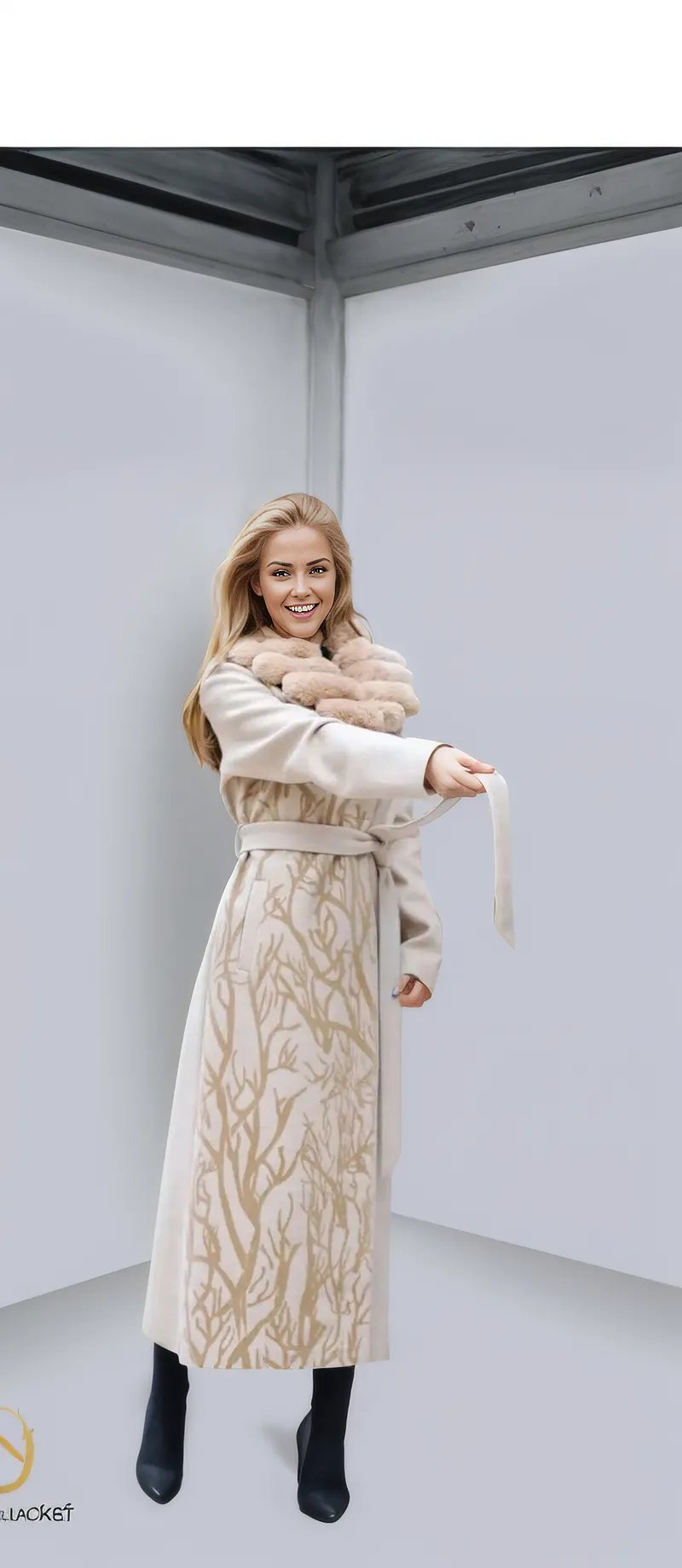 Elegant woman wearing Model 1046 winter coat with stylish design, featuring decorative elements and chic silhouette.