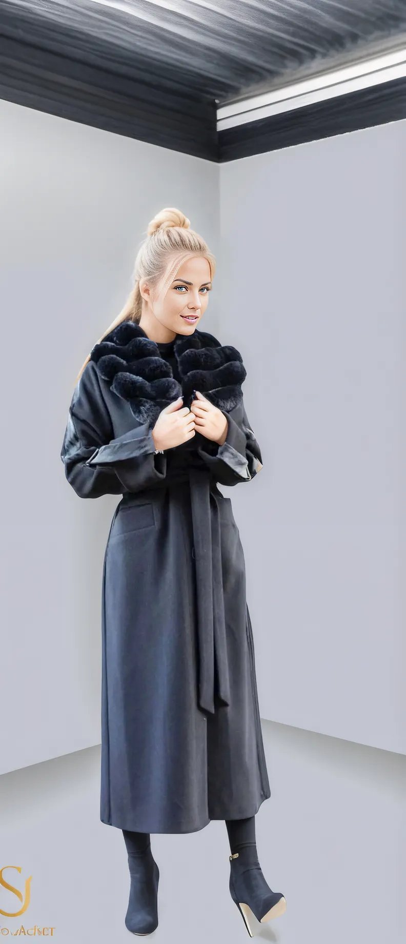 Elegant long winter coat for women featuring a luxurious fur collar, perfect for cold weather fashion.