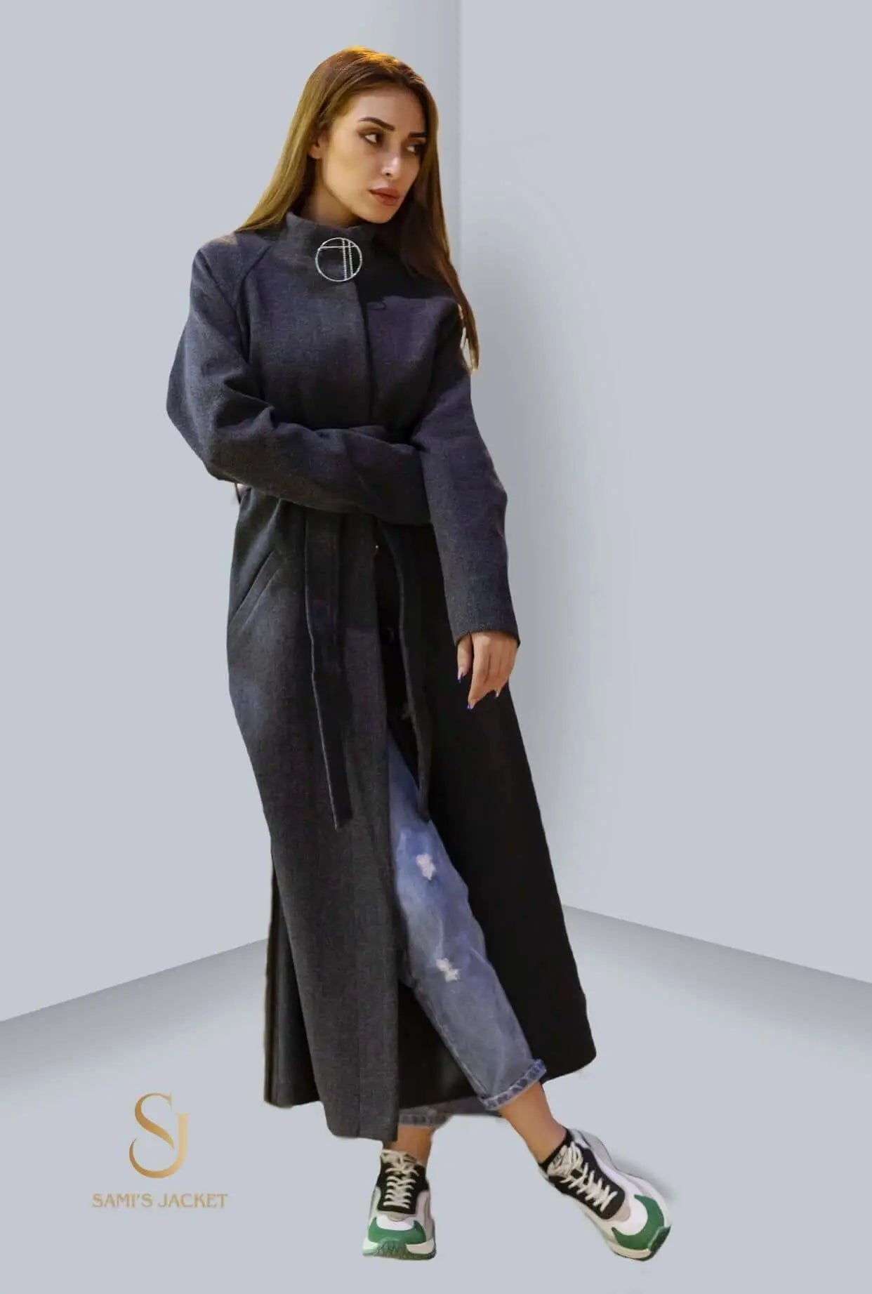 Elegant Model 1037 winter coat with belt, perfect for stylish women seeking warm, long winter jackets.