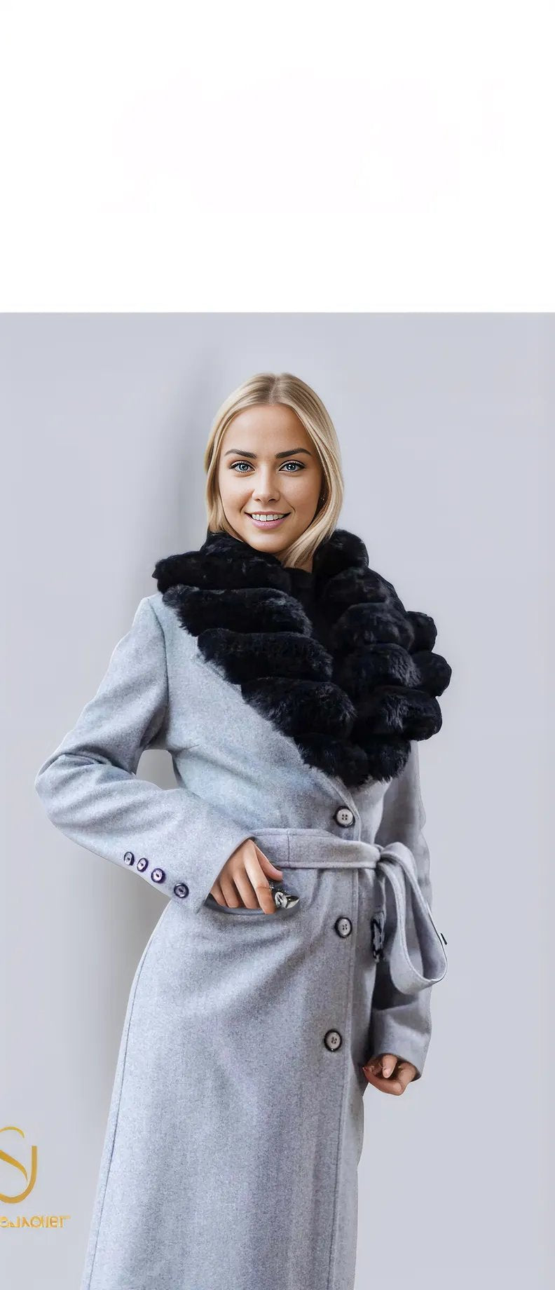 Stylish long coat Model 1041 with a black fur collar, perfect for winter fashion and warm layering for women.