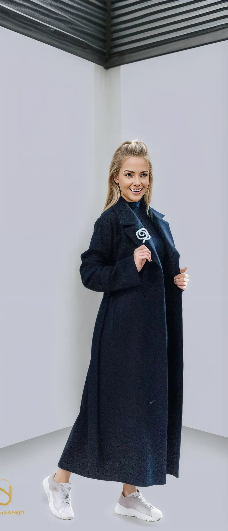 Elegant woman wearing a long black winter coat, highlighting sophisticated style for women's winter fashion.