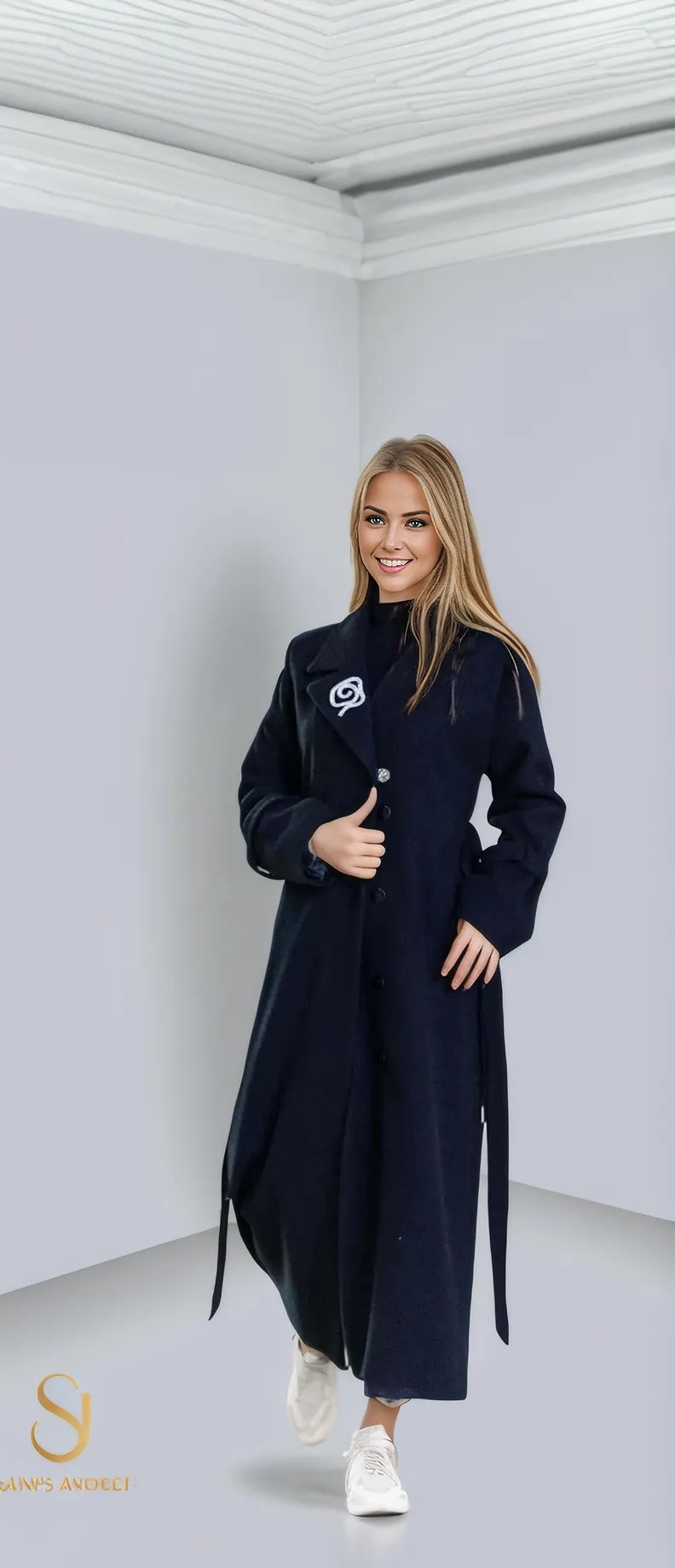 Elegant long winter coat for women, ideal for chilly weather, featuring a sophisticated design and warm fabric blend.