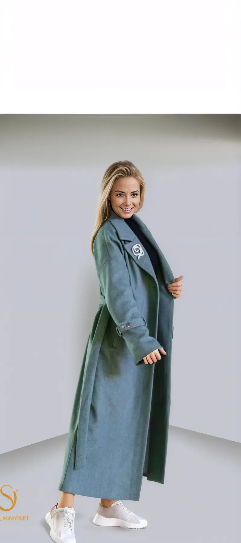 Elegant long winter coat Model 1039 in blue, perfect for stylish women's winter fashion and chilly weather protection.