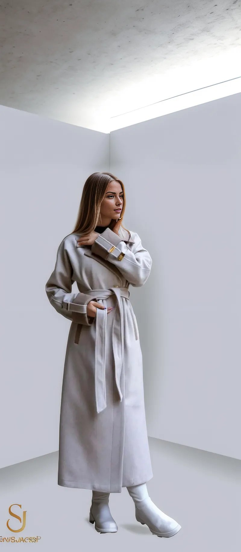 Chic long winter coat for women in light beige, featuring a tailored design and belted waist for style and warmth.