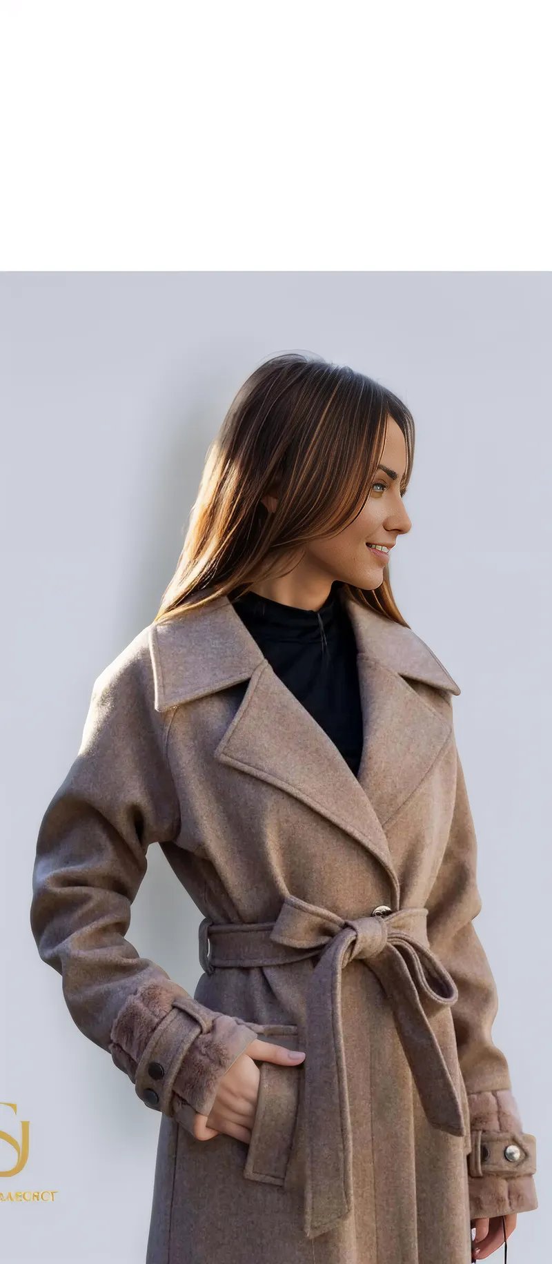 Elegant Model 1049 coat in brown, showcasing a flattering silhouette, perfect for winter fashion for women.