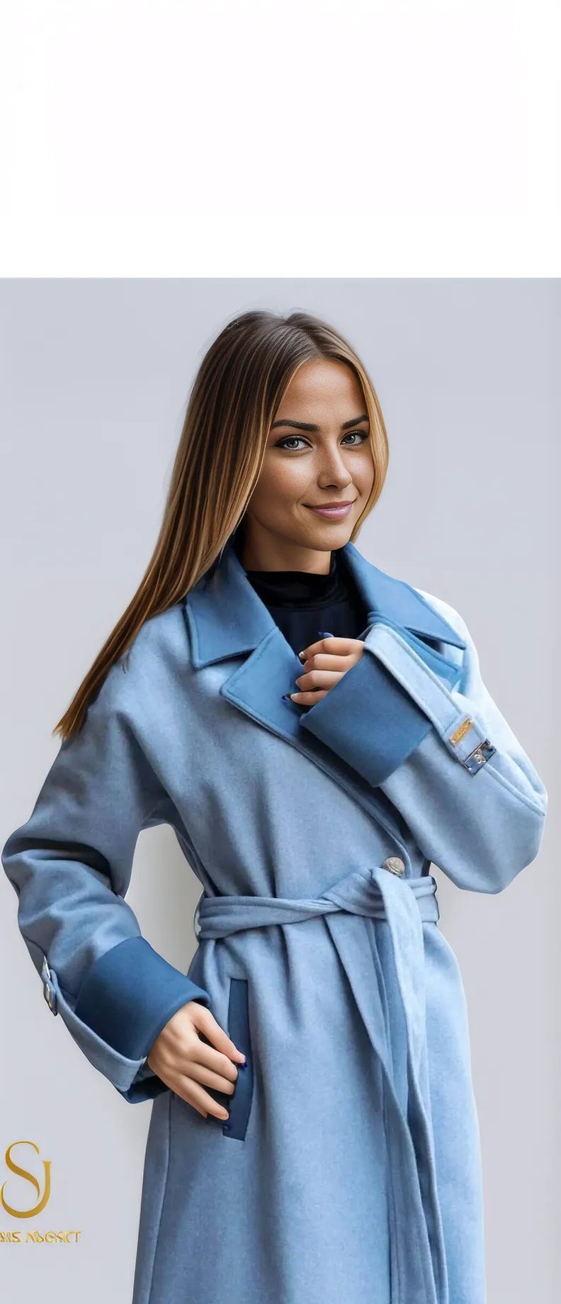 Chic blue winter coat model with tailored design and stylish belt, perfect for cold weather and trendy women's fashion.