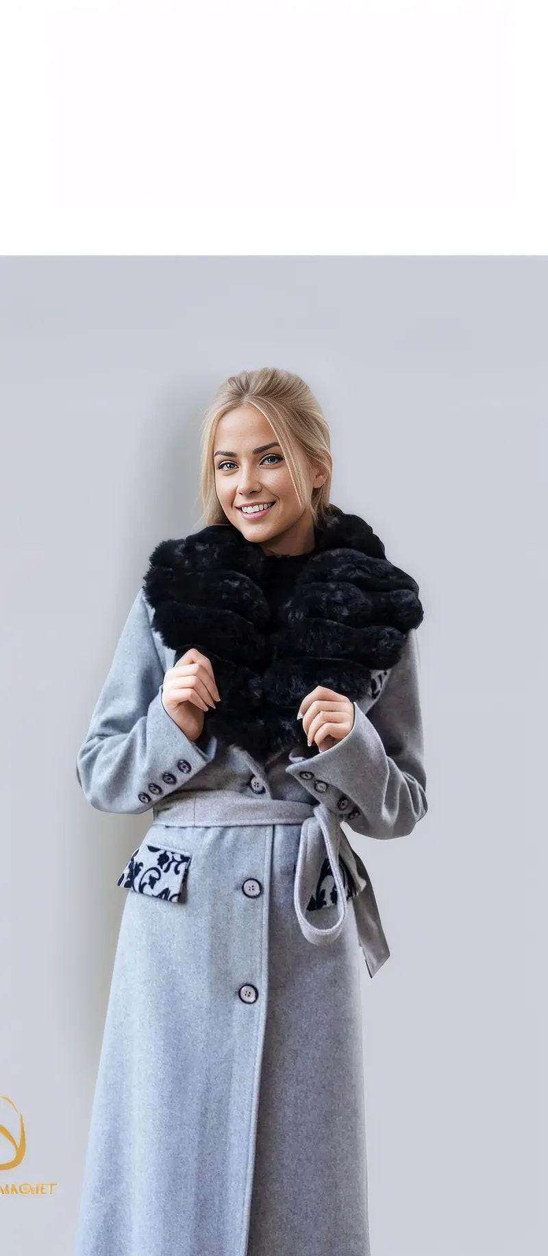 Elegant woman modeling a sophisticated gray long coat with a stylish black scarf, ideal for winter fashion.