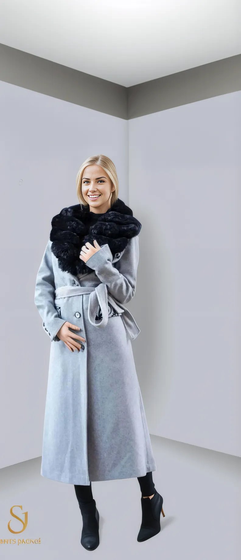 Elegant Model 1041 long coat in gray with faux fur scarf, perfect for winter fashion and chic styling.