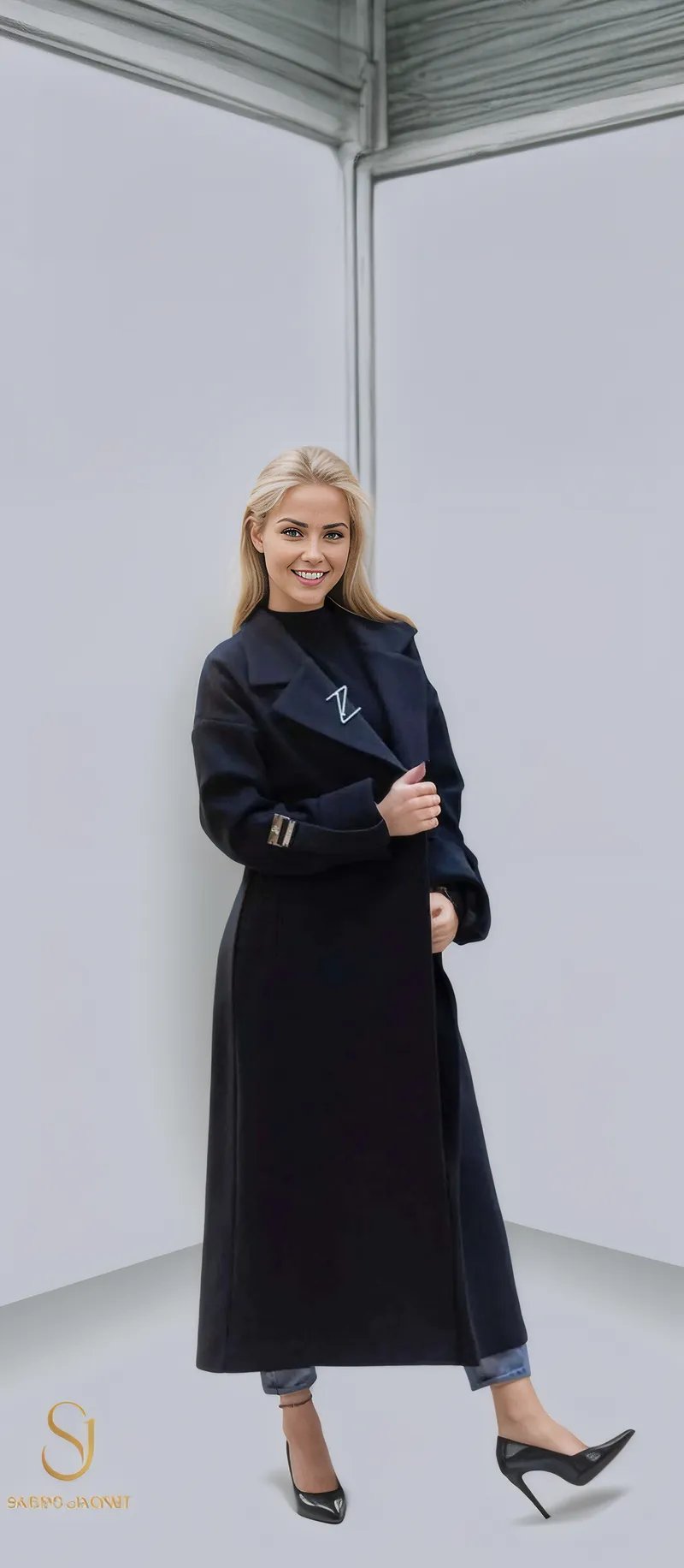 Elegant woman wearing a long black winter coat from Saints Jacket, showcasing stylish design and a flattering silhouette.