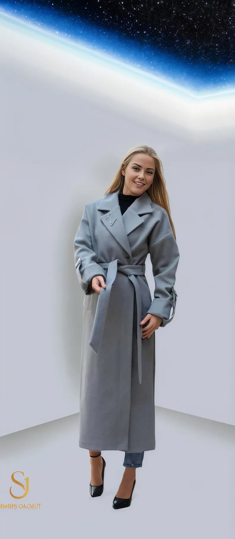 Woman in a stylish grey winter coat showcasing warmth and elegance, perfect for cold weather fashion.