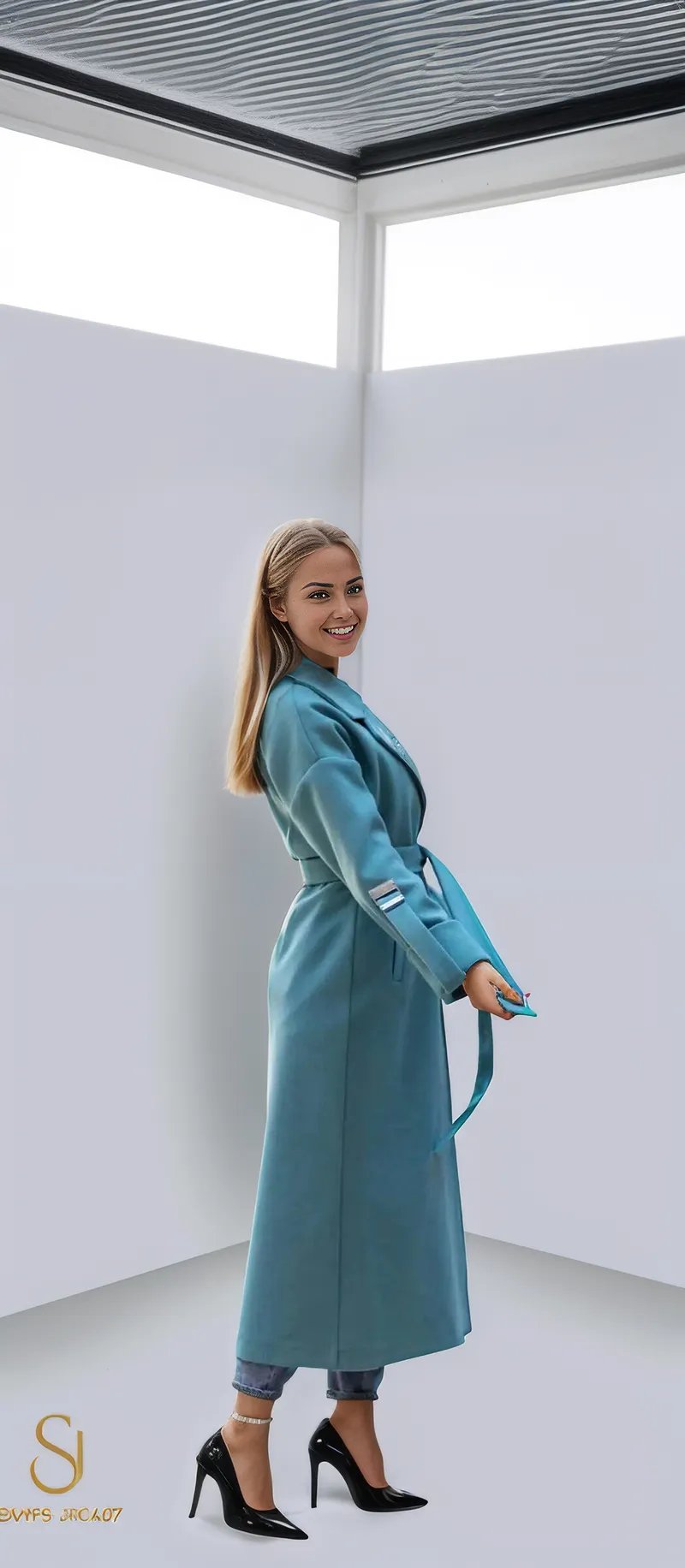 Stylish blue winter coat for women, featuring a wrap design and elegant look, perfect for cold weather fashion.