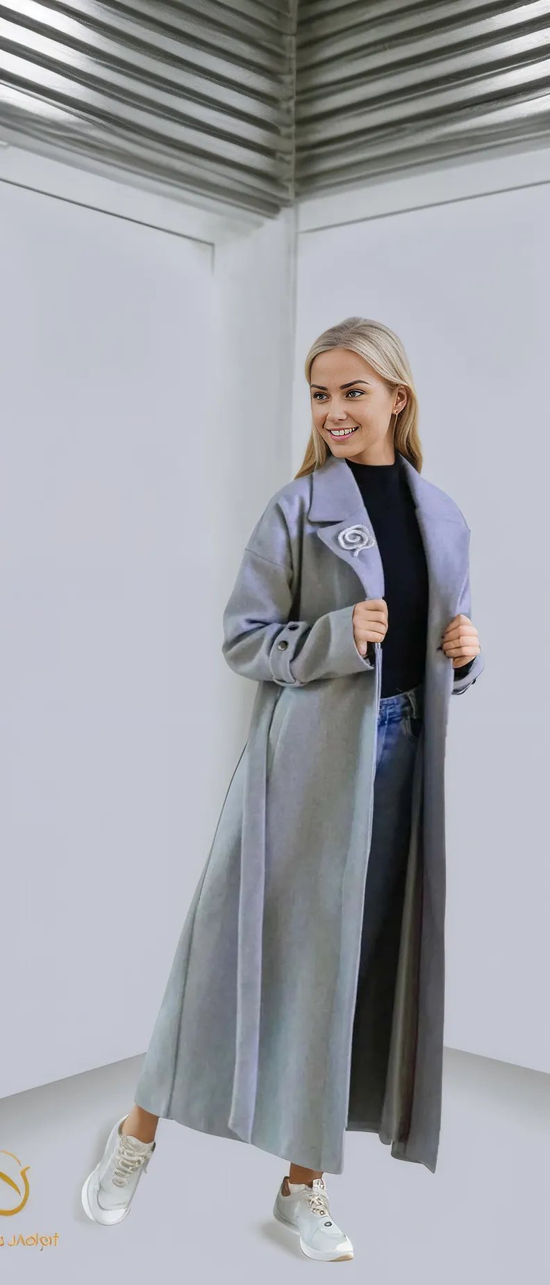 Elegant gray long winter coat for women, perfect blend of style and warmth, ideal for winter fashion and special occasions.