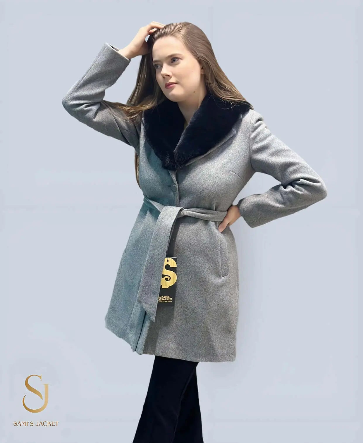 Stylish gray winter coat with a black collar, showcasing a tailored fit and belted design, perfect for women’s winter fashion.