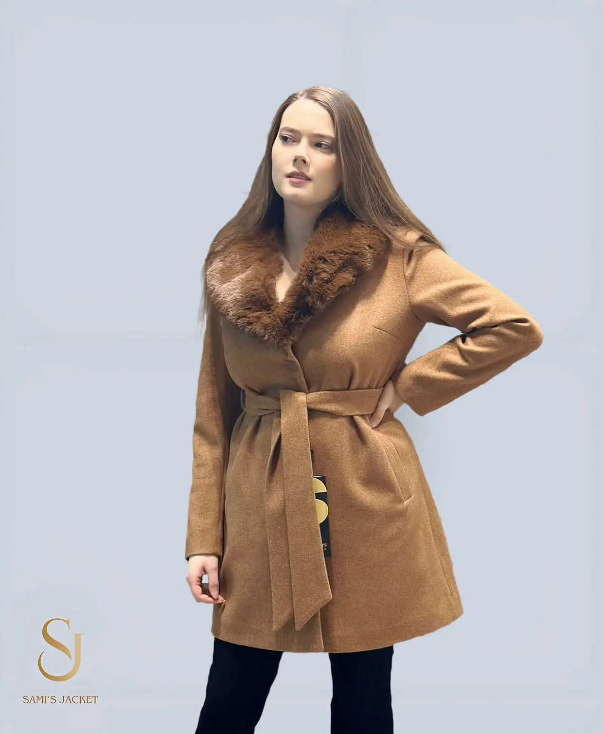 Stylish Model 1001 wool and polyester jacket with fur collar, perfect for women’s winter fashion and layering.