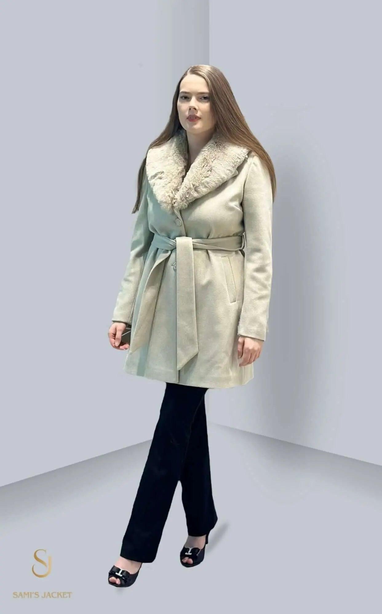 Stylish woman wearing the Model 1001 jacket with fur collar, showcasing modern winter fashion for women.