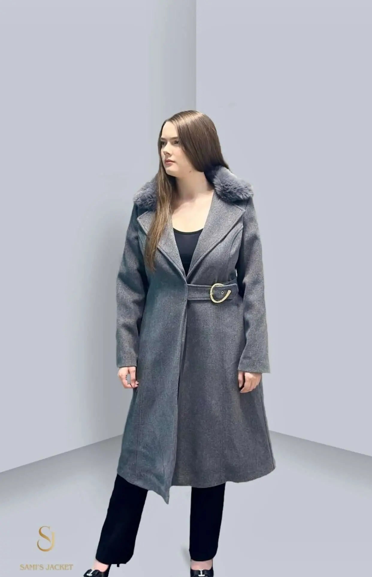 Stylish gray winter coat with fur collar and belt, perfect for women's winter fashion, ideal for layering.