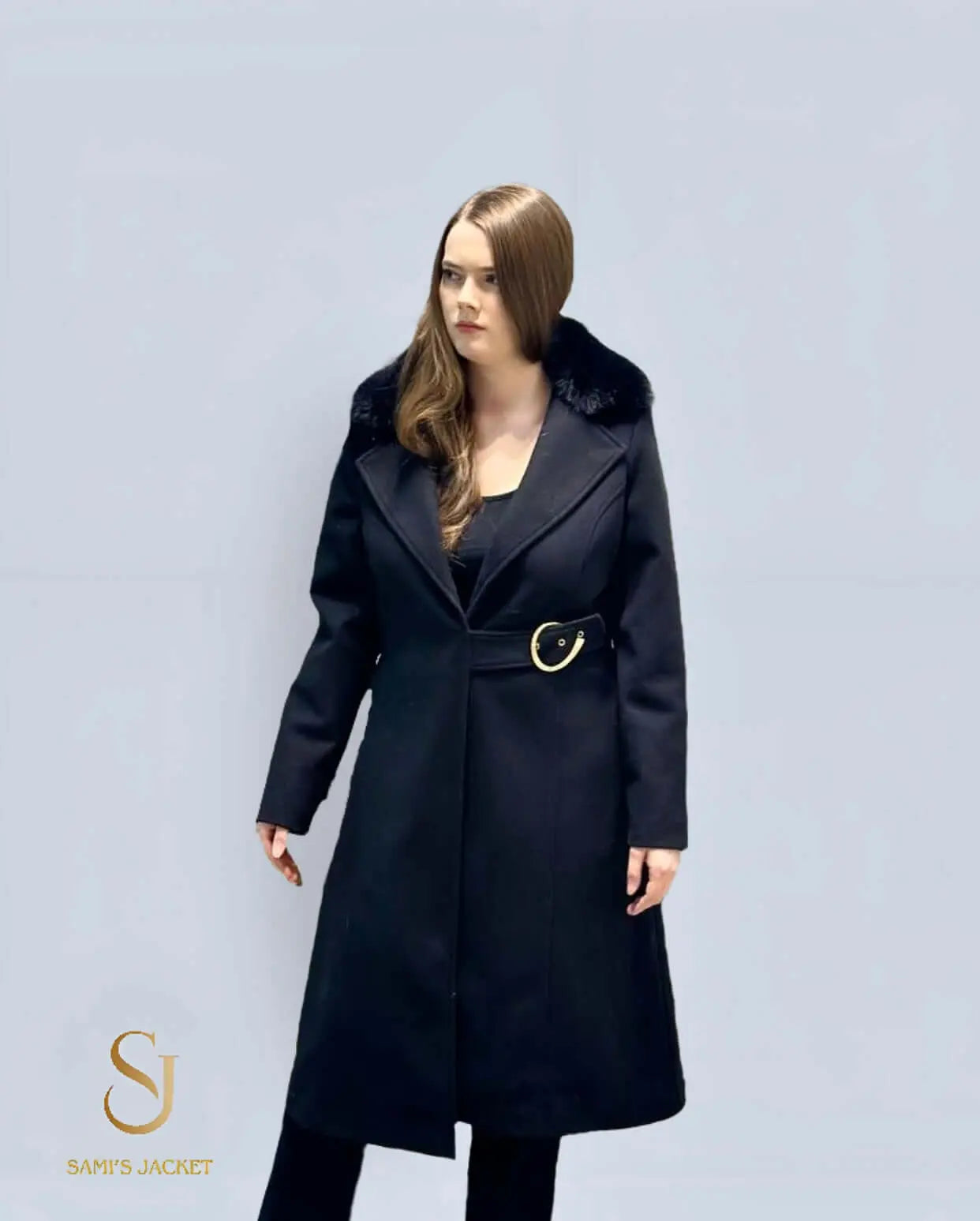 Stylish and functional women's winter coat, versatile design, perfect for casual and formal occasions, black peacoat with belt.