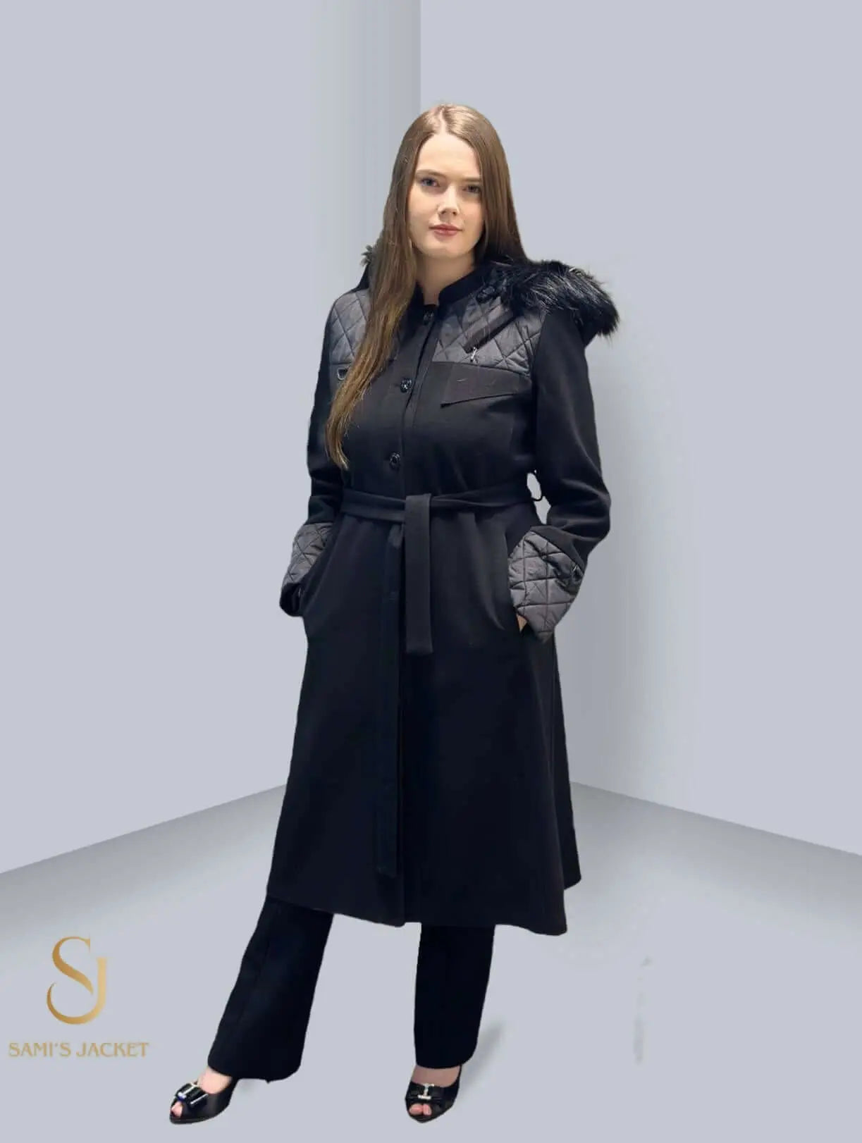 Stylish Model 1005 jacket for women, featuring a belted design, fur hood, and a blend of wool and polyester for warmth.