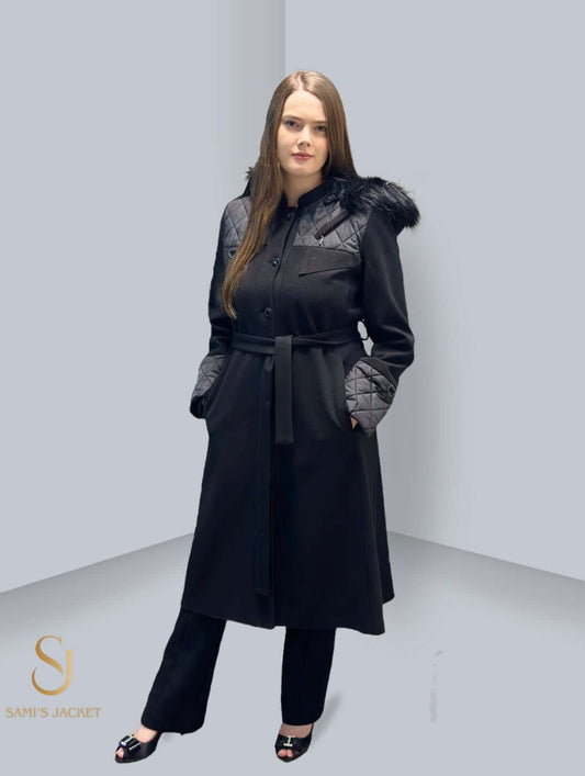 Stylish Model 1005 jacket for women, featuring a belted design, fur hood, and a blend of wool and polyester for warmth.