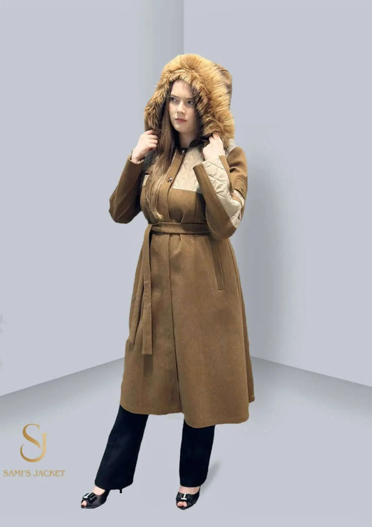 Stylish woman wearing a brown winter coat with a fur hood, perfect for cold weather fashion.