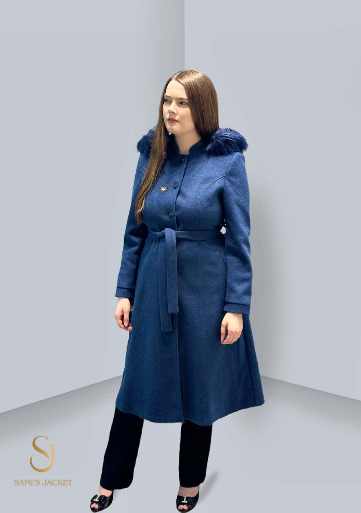 Elegant blue winter coat with faux fur hood, showcasing a tailored fit and stylish design for women. Perfect for colder seasons.