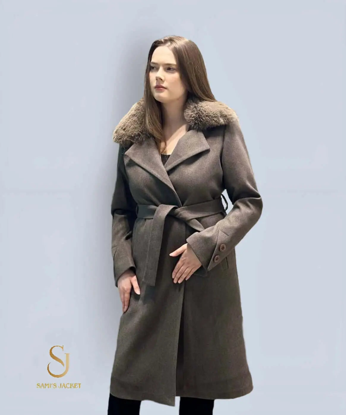 Stylish Model 1010 women's winter jacket with a belt and fur collar, made from polyester and wool, ideal for cold seasons.