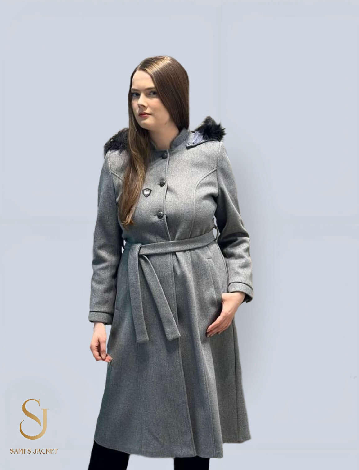 Elegant women's grey winter coat with a belted waist and fur hood, perfect for stylish and practical winter wear.