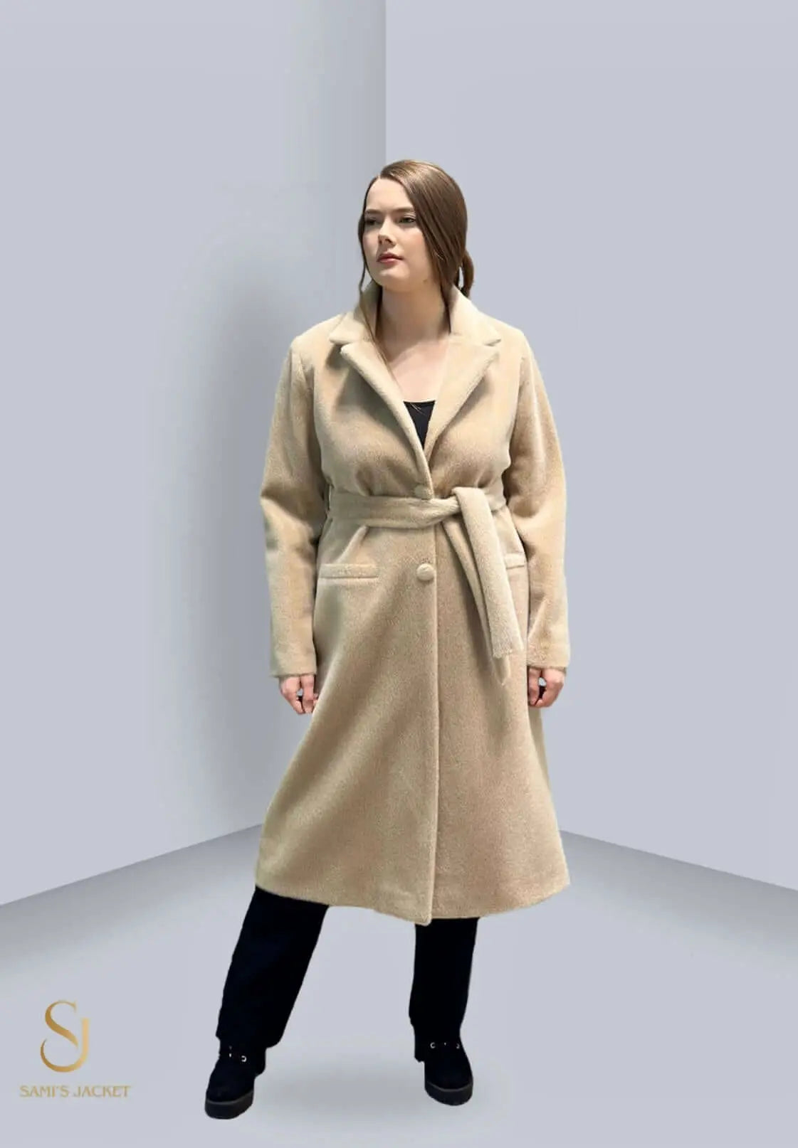 Stylish women's long winter coat in beige, featuring a belt and tailored fit, perfect for cold weather layering.