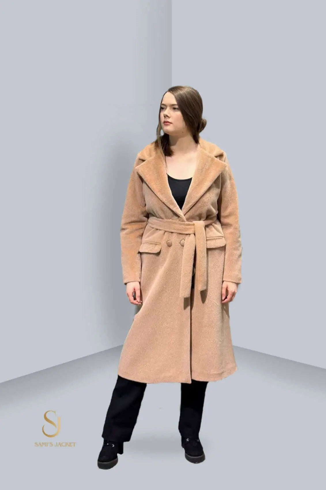 Stylish women's beige winter coat with belt, perfect for layering in colder seasons. Ideal for modern winter fashion.