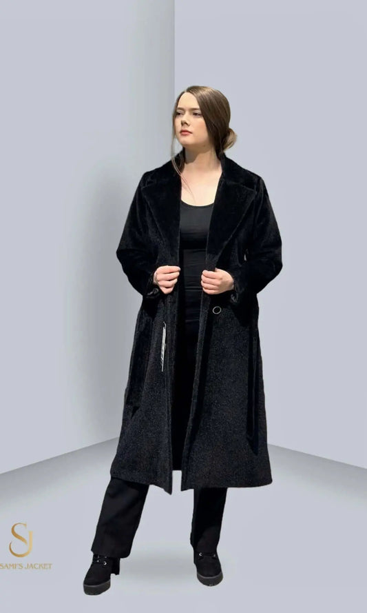 Stylish woman wearing a black versatile jacket, ideal for winter layering and comfort. Perfect for any occasion.